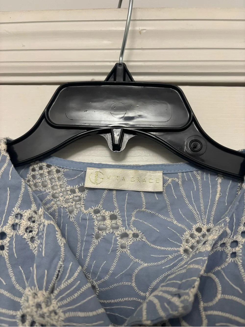 Vita Grace Blue Floral Embroidered Eyelet Cotton Puff Sleeve Blouse Top Size L - Picture 4 of 7